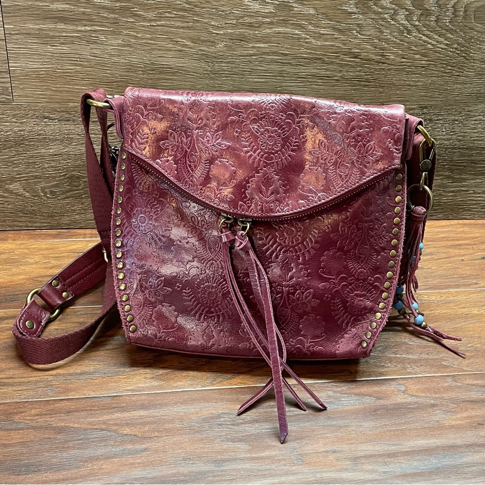 Sak Bag | Leather Embossed Abstract Floral Maroon Color EUC